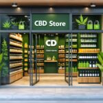 Illustration of a digital CBD store showcasing WordPress e-commerce integration, compliance symbols, and security features like padlocks.