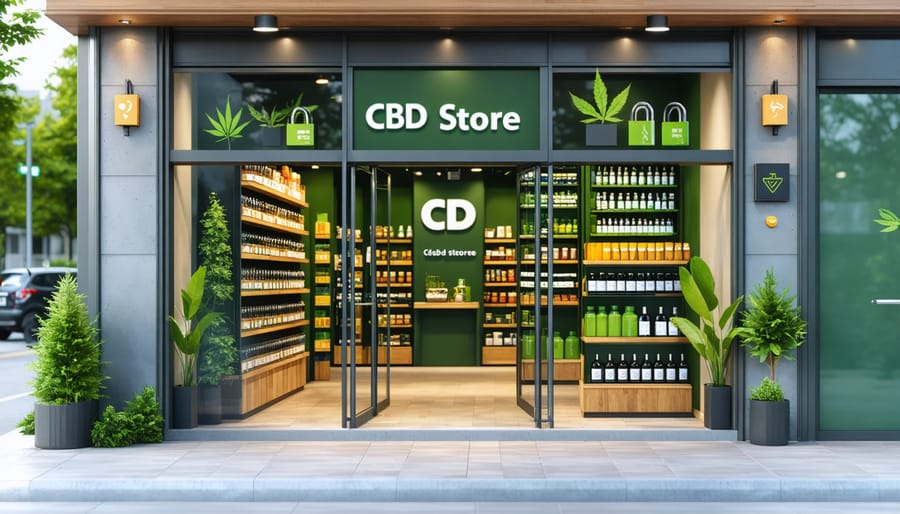 Illustration of a digital CBD store showcasing WordPress e-commerce integration, compliance symbols, and security features like padlocks.