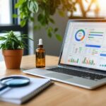 Laptop on wooden desk with blurred website dashboard, potted hemp plant, amber dropper bottle, and magnifying glass on a notebook in softly lit office setting