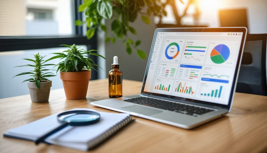 Laptop on wooden desk with blurred website dashboard, potted hemp plant, amber dropper bottle, and magnifying glass on a notebook in softly lit office setting