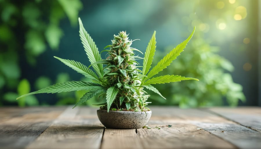 Laptop displaying WordPress dashboard on desk with cannabis-related business materials in background