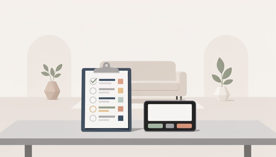 Clipboard and tablet on a coffee table representing home services booking and organization