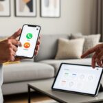 Homeowner holding a smartphone and using a tablet to contact and schedule a home services professional in a bright living room.