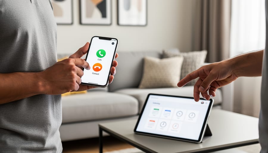 Homeowner holding a smartphone and using a tablet to contact and schedule a home services professional in a bright living room.
