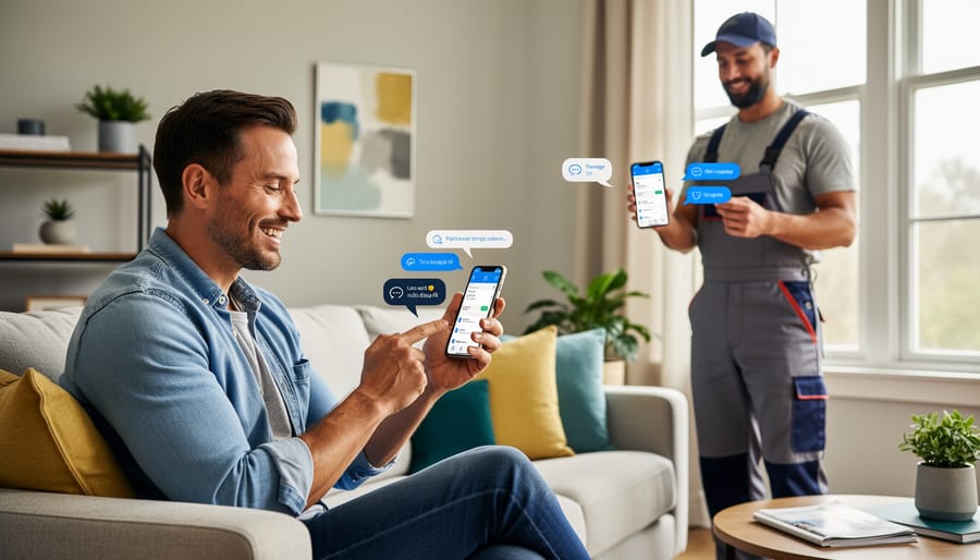 Homeowner using a smartphone and tablet to contact a home services professional from a living room