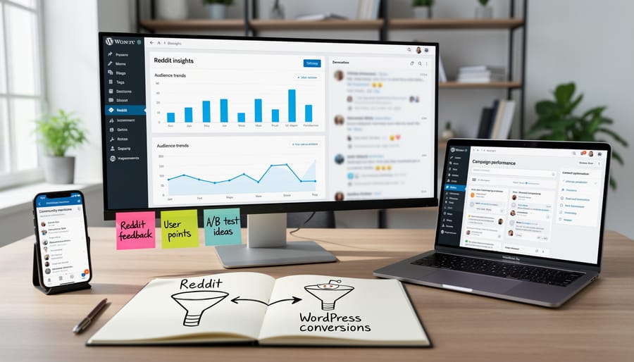 Laptop and smartphone on a desk beside a notepad, representing using online insights for WordPress marketing planning.