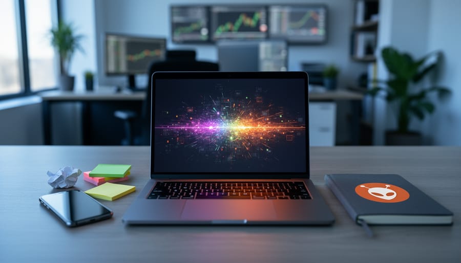 Laptop and smartphone on a desk with glowing digital signals and notes, representing Reddit user analysis to improve a WordPress marketing strategy.