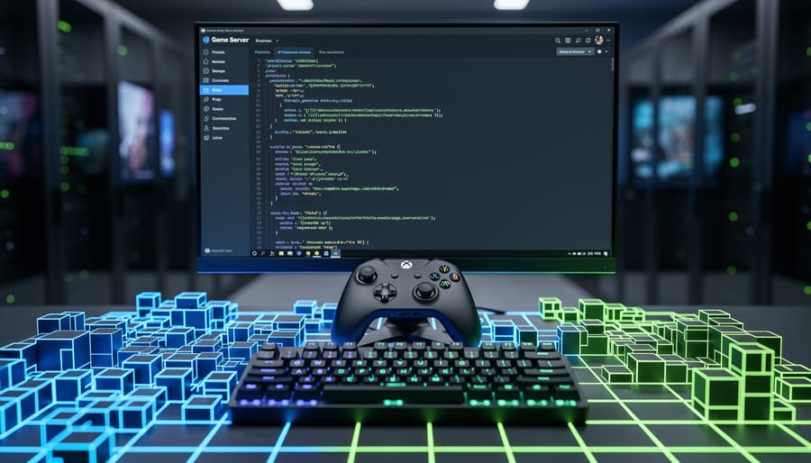 Workstation scene symbolizing Python scripting for customizable multiplayer game servers, with a glowing game-world effect around a central keyboard and monitor console.