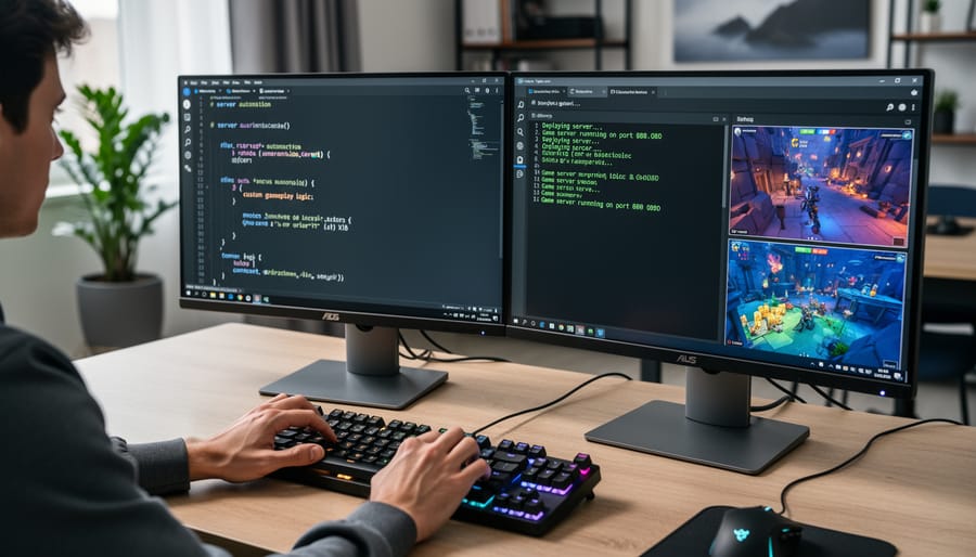 Hands typing on a laptop keyboard, suggesting Python scripting for multiplayer game customization.