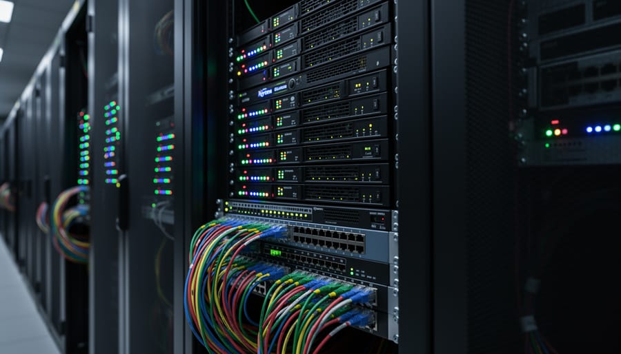 Ethernet cable plugged into a server rack port with glowing LED lights in a server room.